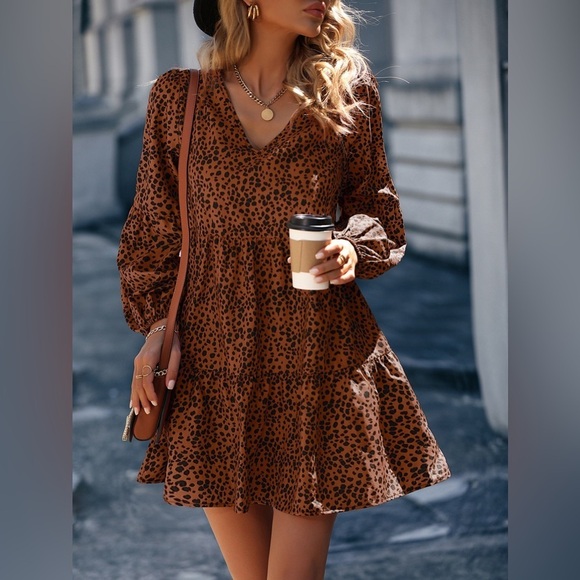 Boho Long Lantern Sleeve print Smock Dress - Picture 3 of 3